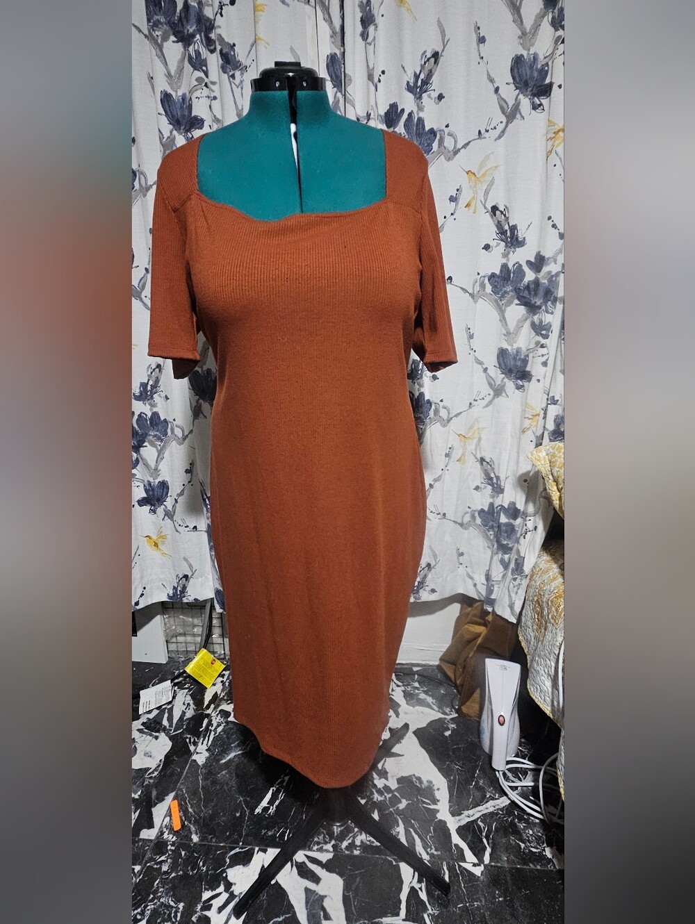Square Neck Ribbed Midi Dress in Rust